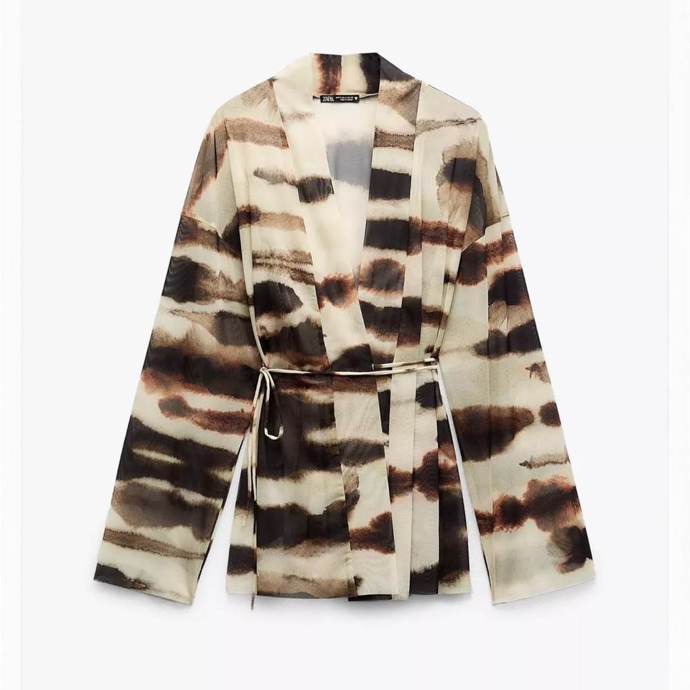 Zara Printed Belted Kimono Jacket in Cream, Brown, Black